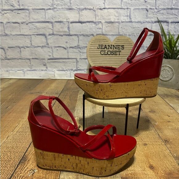 PRADA Wedge Cork Sandals Leather Platform Heels Bliss Rosso Sz 38 EU 8B US Italy - Picture 2 of 12